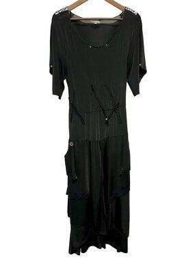 Caty Lesca Paris Black Lagenlook Asymmetrical Midi Maxi Dress Tie Detail 3